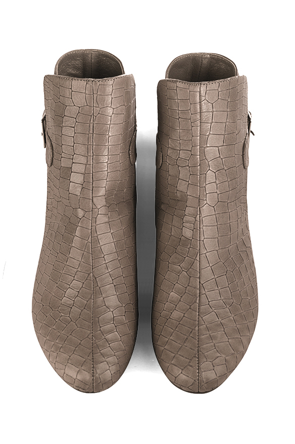 Bronze beige women's ankle boots with buckles at the back. Round toe. Flat block heels. Top view - Florence KOOIJMAN
